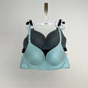 NWT C&C California Women’s Bra 2 Pack Teal & Gray Ribbed Padded Bra Size 36 C
